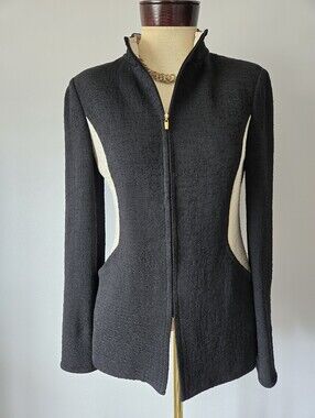 St. John Black Wool Knit Sweater Jacket with Cream Side Panels. Size 4